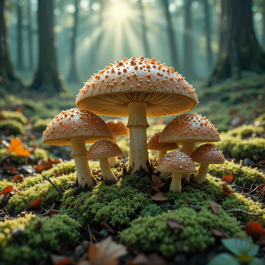 Macro portrait of porcini mushrooms in a mossy forest