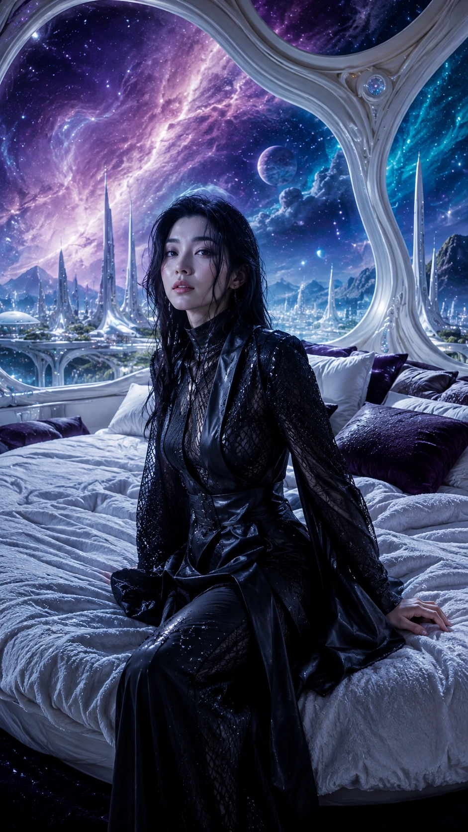 Elegante mulher japonesa em uma vasta cama branca em um quarto iluminado pelas estrelas