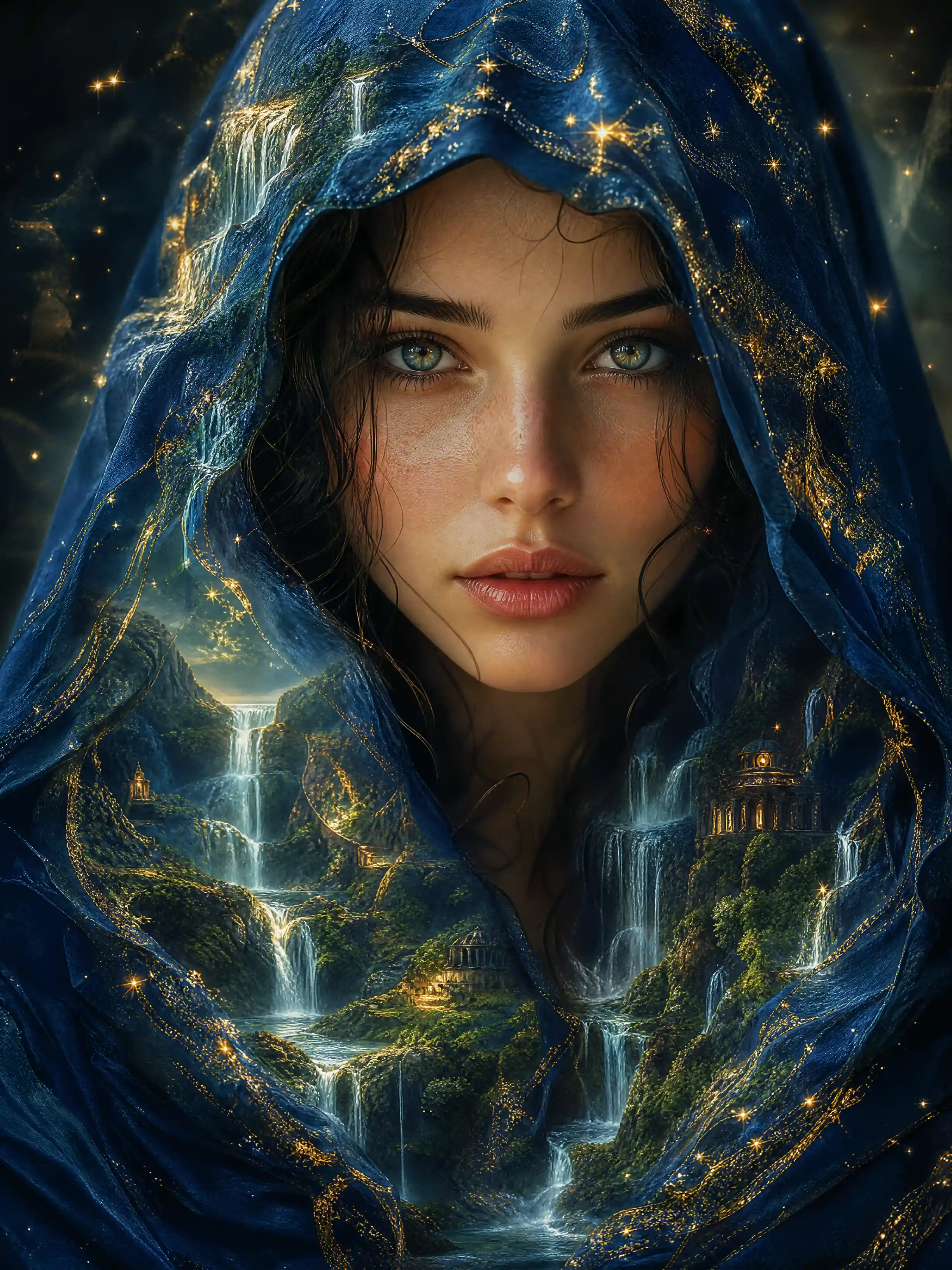 Mystical woman portrait merging with waterfall landscape