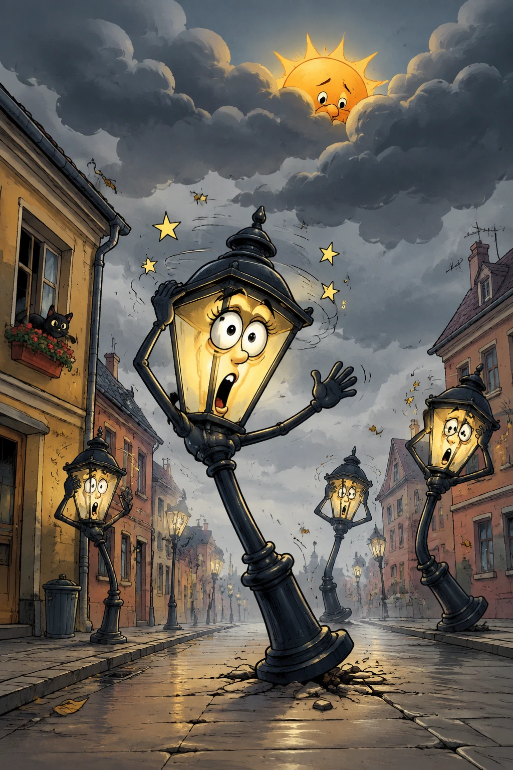 Cena de rua divertida em estilo quadrinhos com poste de luz brilhante e exagerado