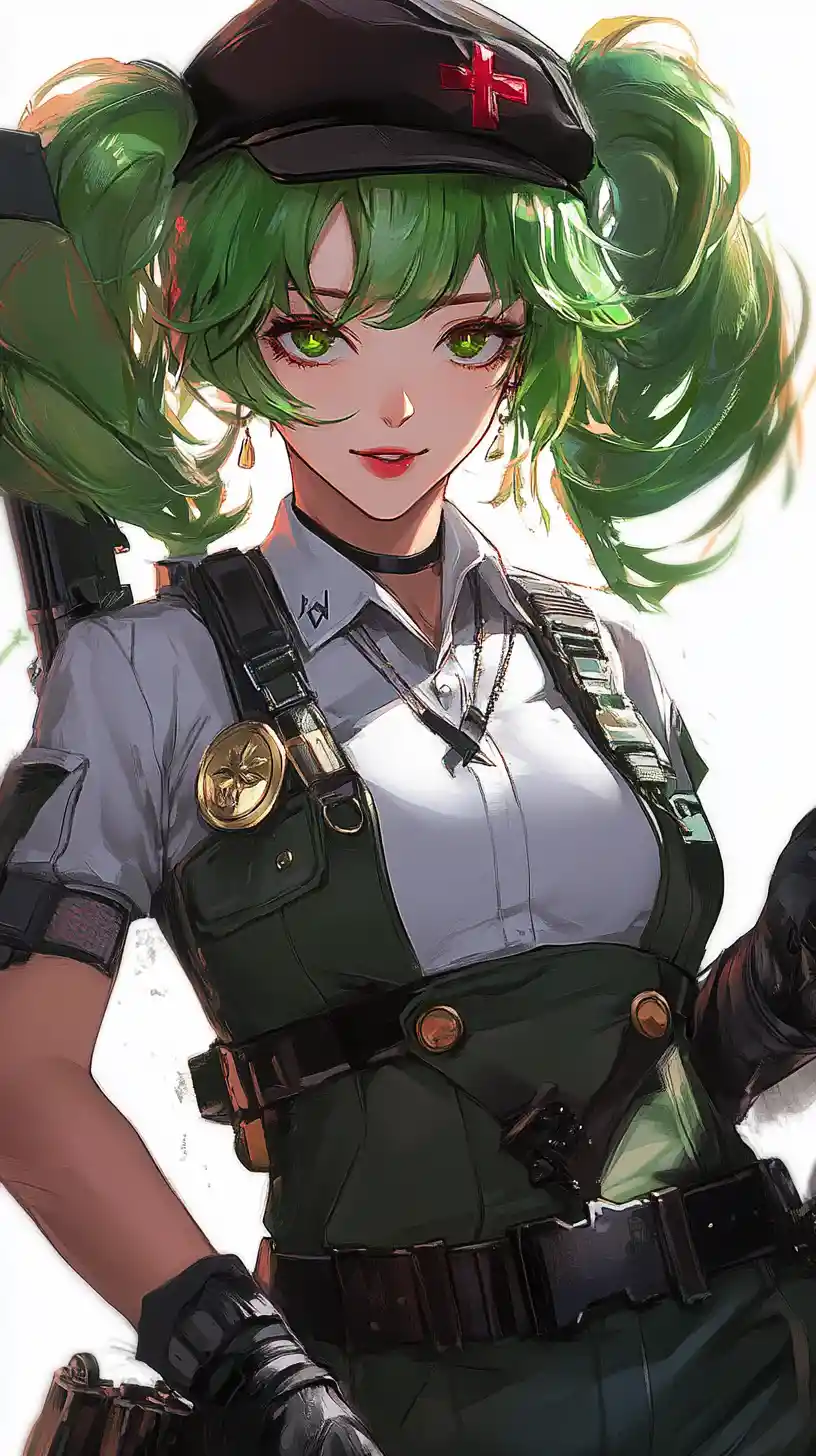 Chica de anime de cabello verde con uniforme de estrellas al atardecer