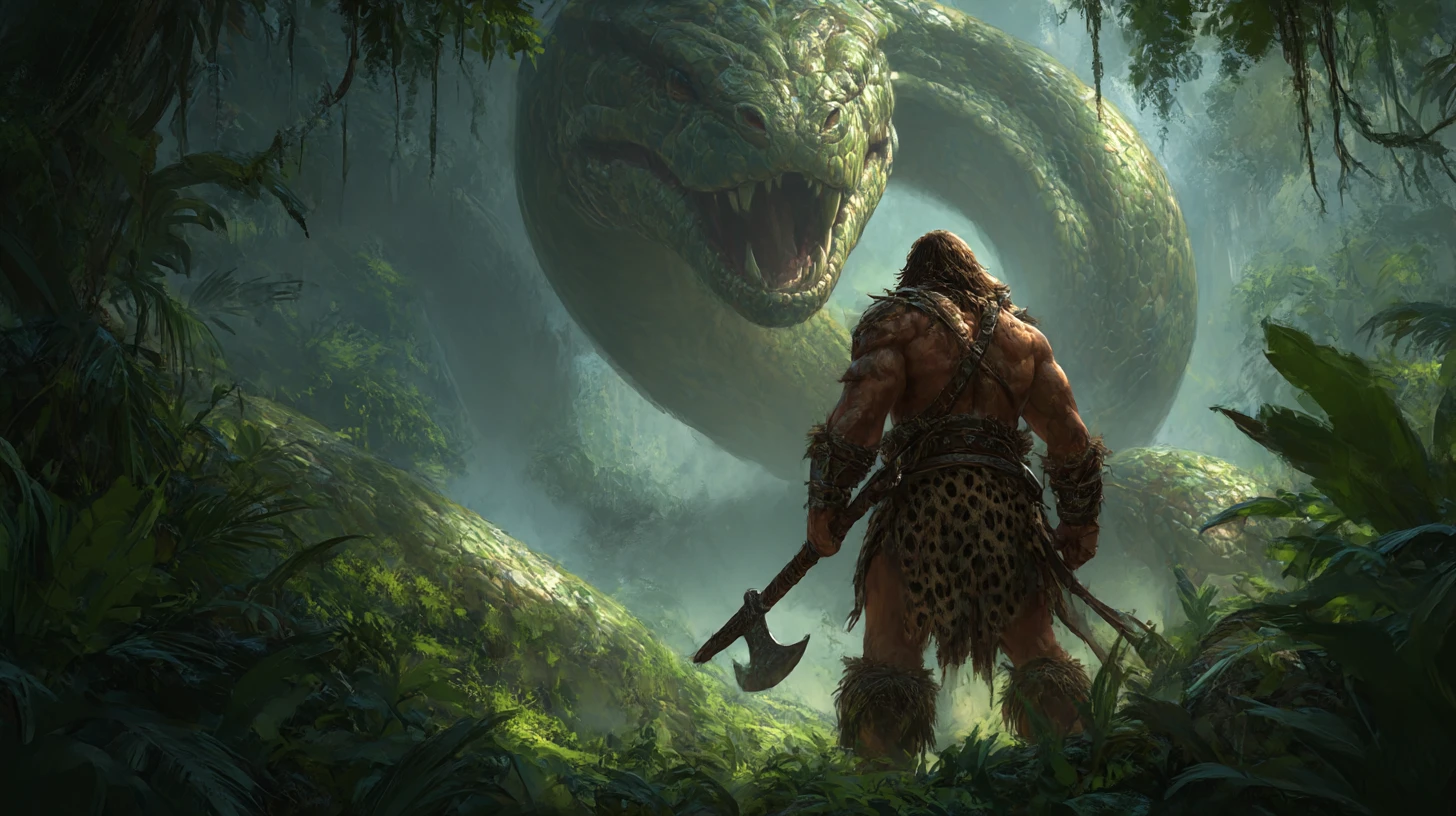 Bárbaro se Enfrenta a Serpiente Gigante en una Sofocante Jungla