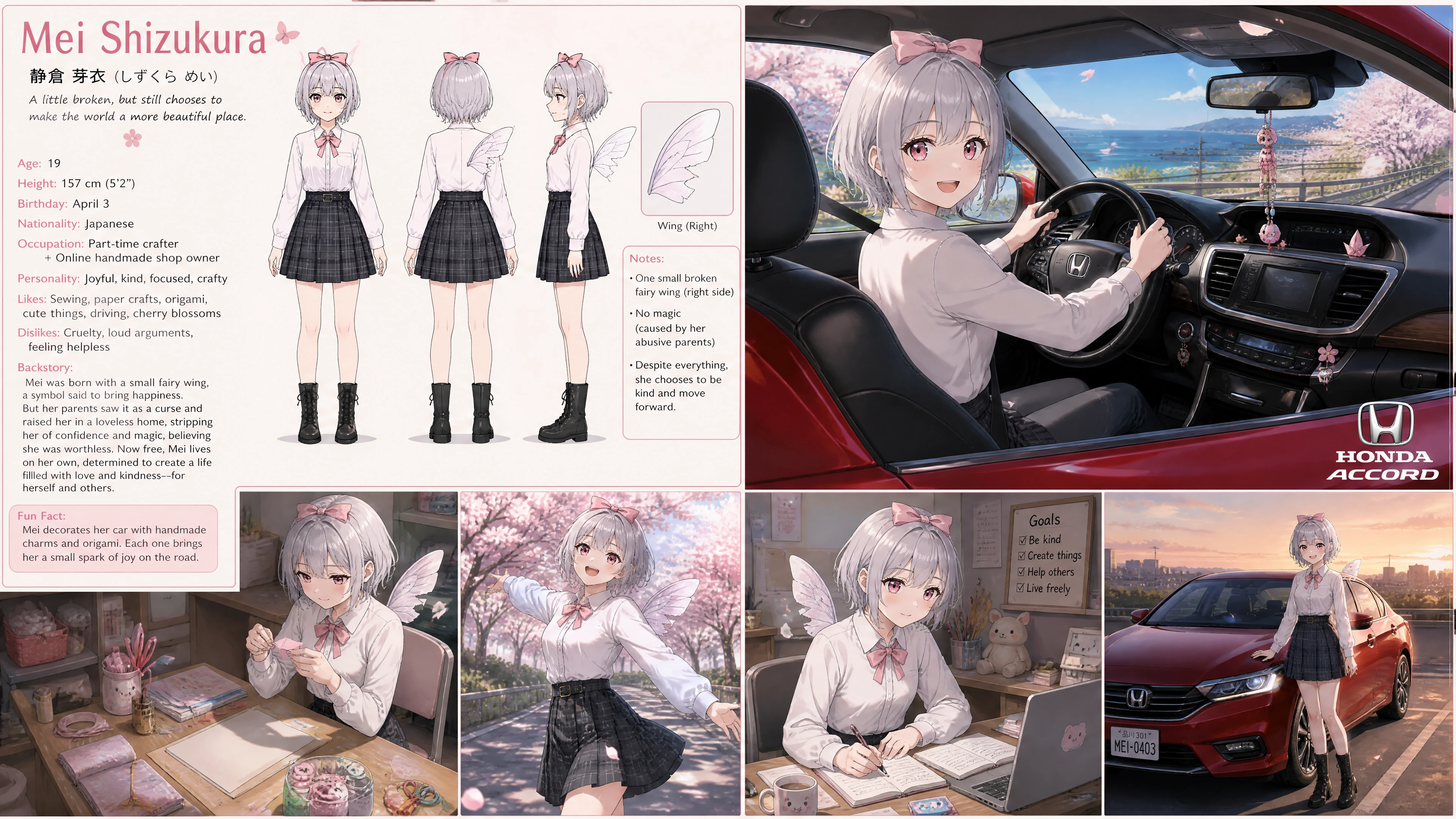 Chica de anime alegre con ala de hada rota en el coche