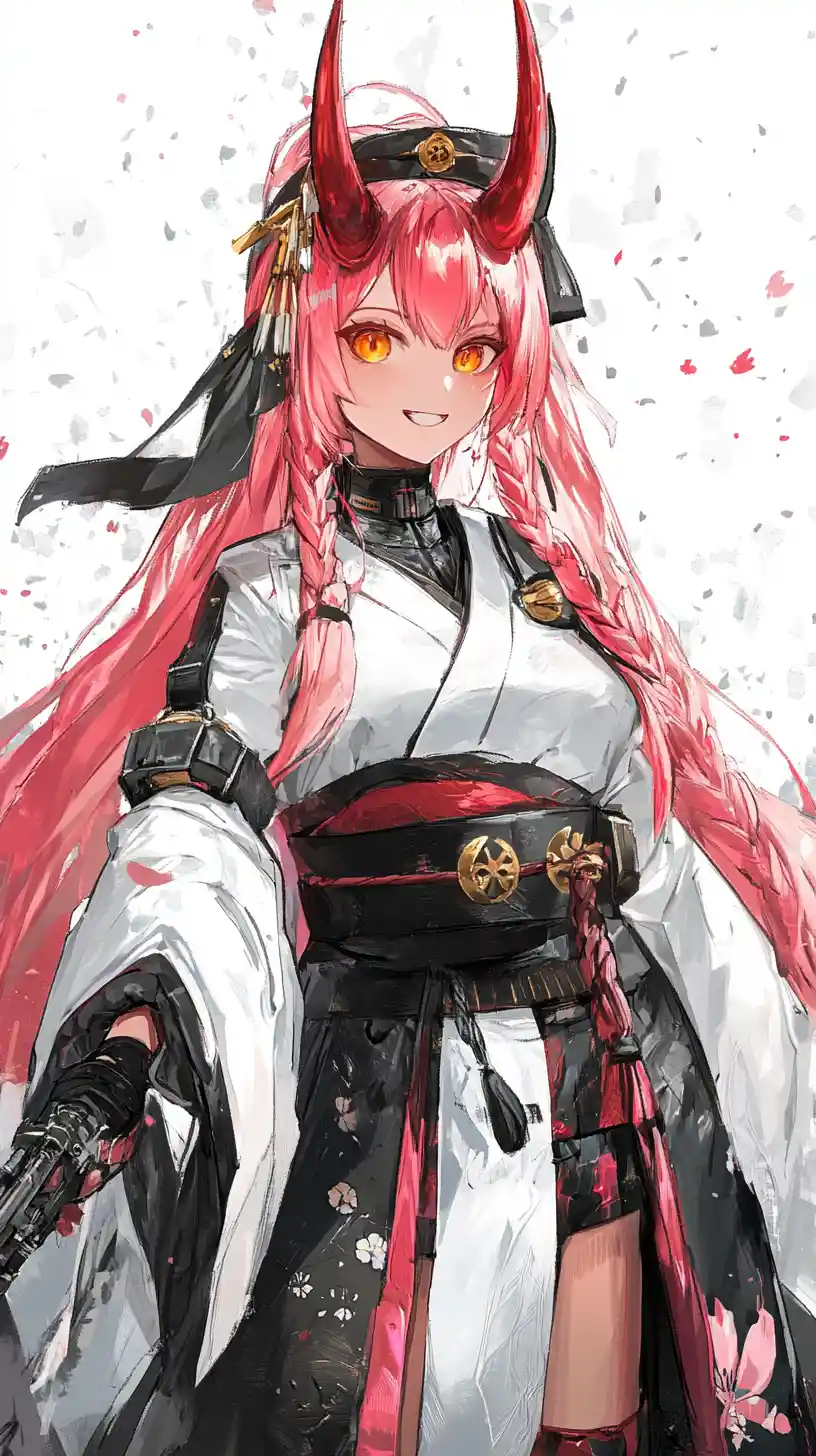 Chica de anime de cabello rosa con cuerno de corona y ojos dorados
