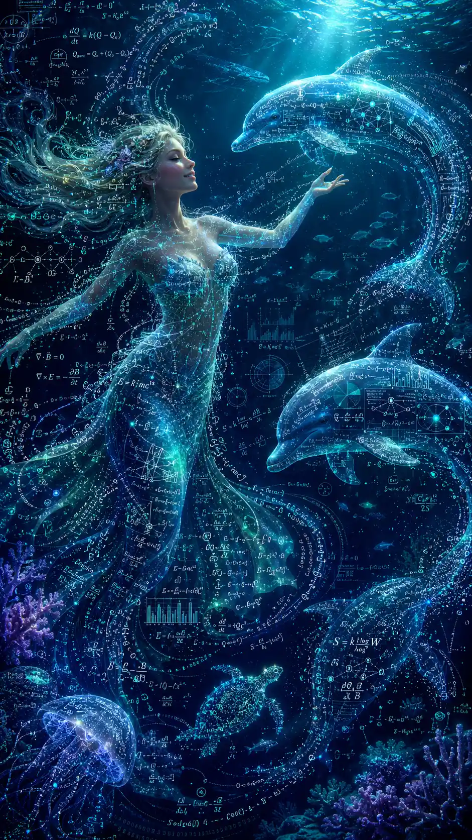 Fada do mar dançando com golfinhos em um oceano de dados luminoso