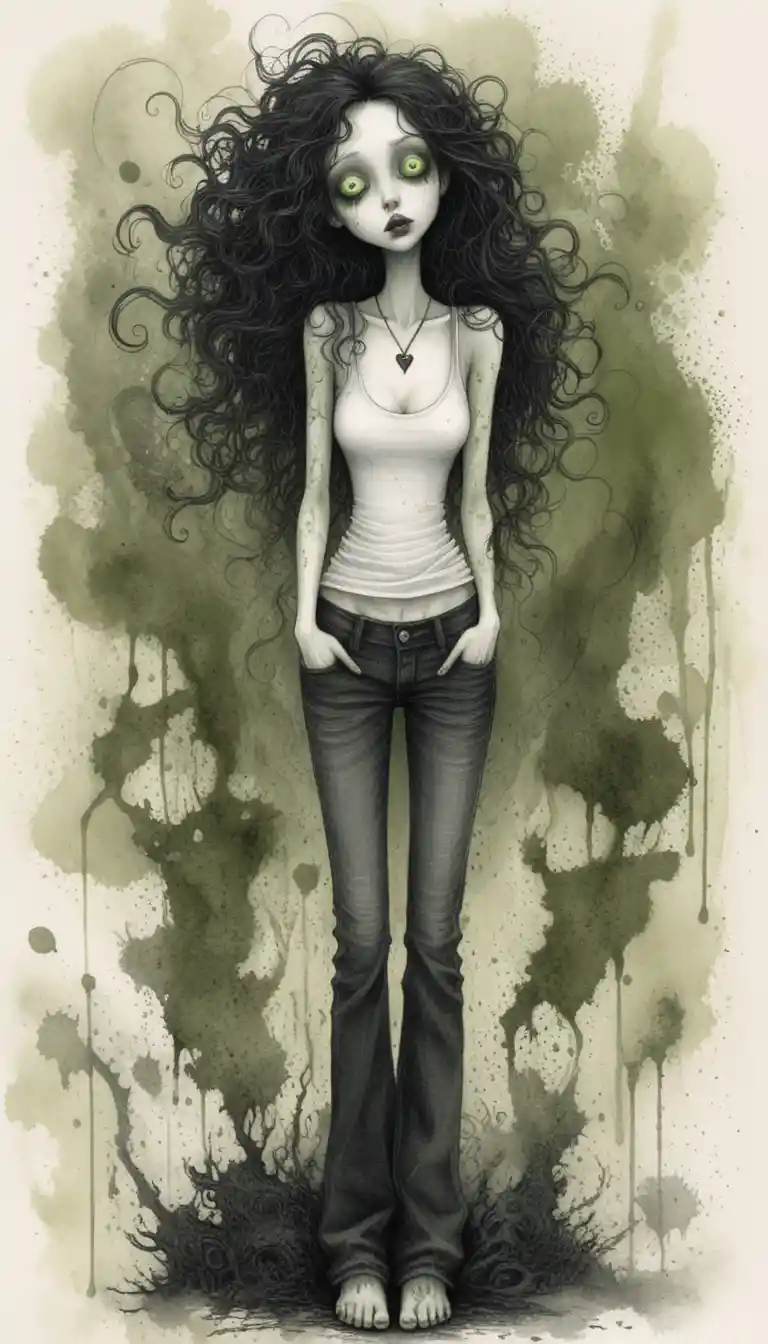 Gothic full body portrait of a pale woman with wild hair
