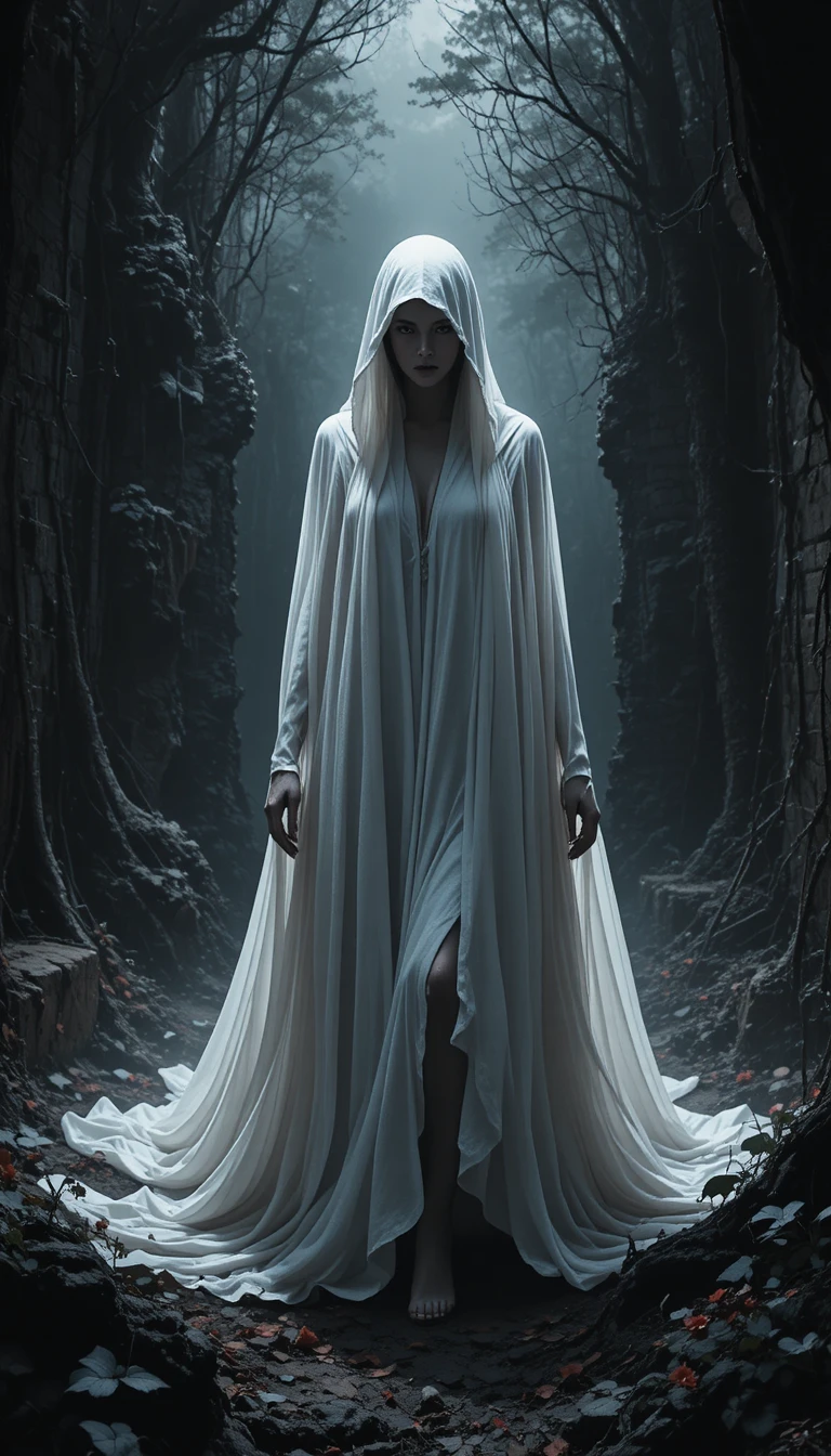 Mysterious woman cloaked in shadows in a dark forest