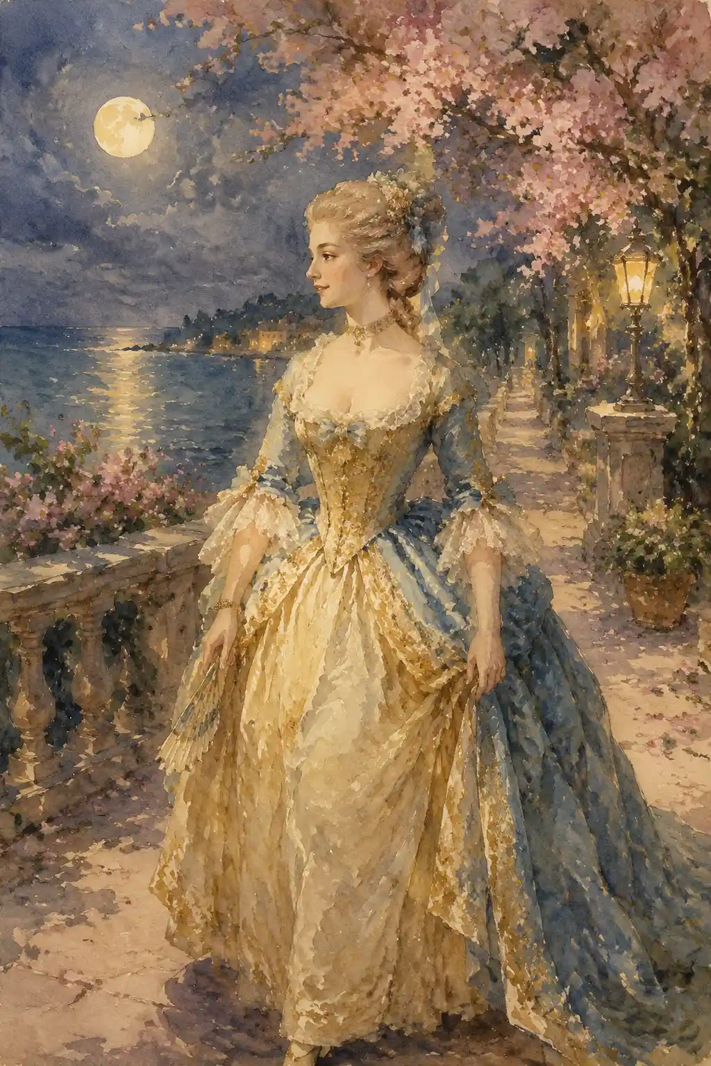Elegant eighteenth century woman by a moonlit seaside