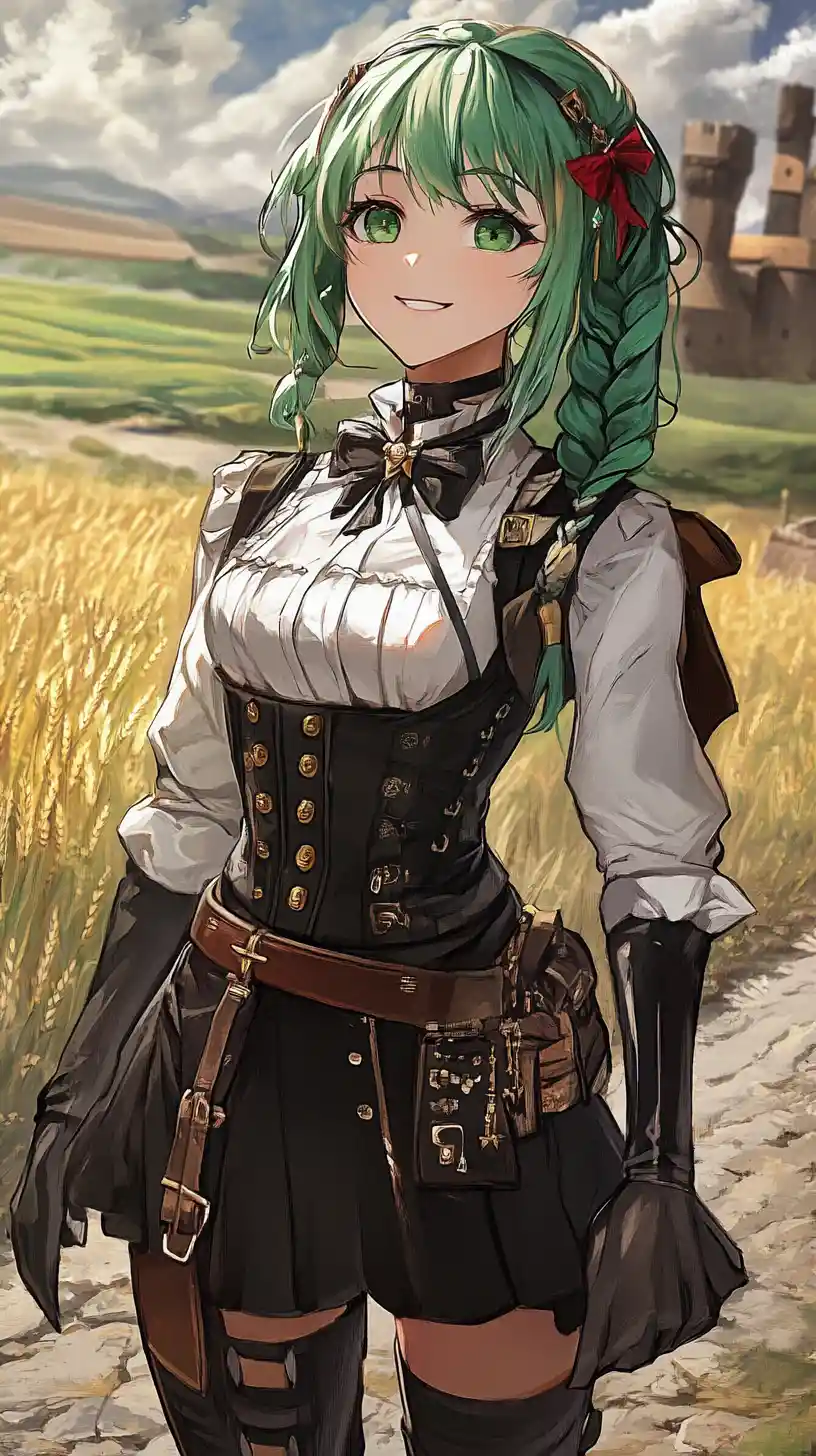 Chica de anime de cabello verde con uniforme en una carretera al atardecer