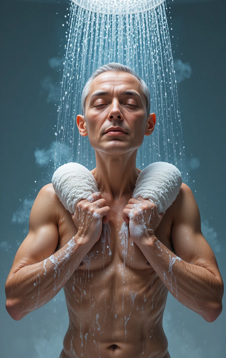 Man showering under natural light in a modern bathroom