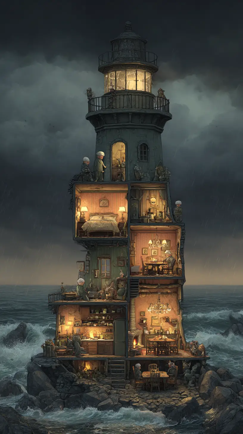 Farol de vários andares erguendo-se sobre mar rochoso e tempestuoso