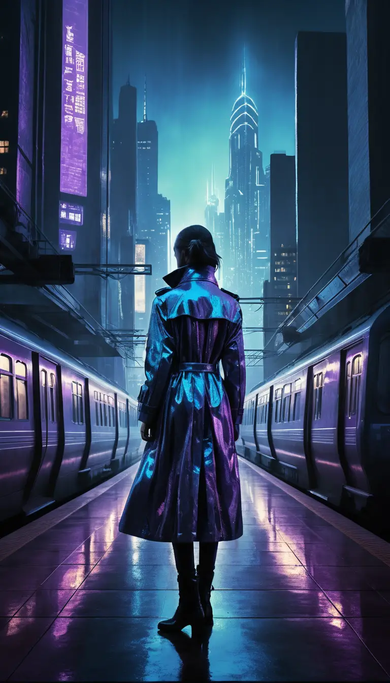 Mulher cibernética esperando sozinha em uma plataforma de trem iluminada por néon