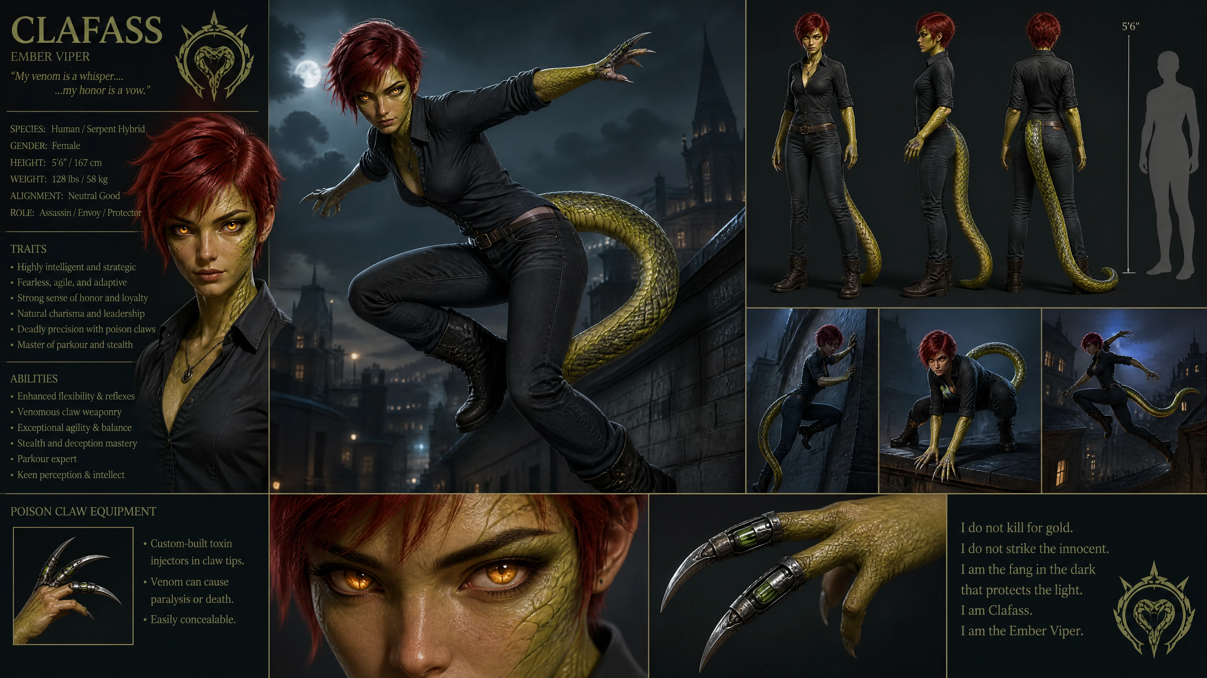 Assassina fantasy con scaglie verdi e coda di serpente