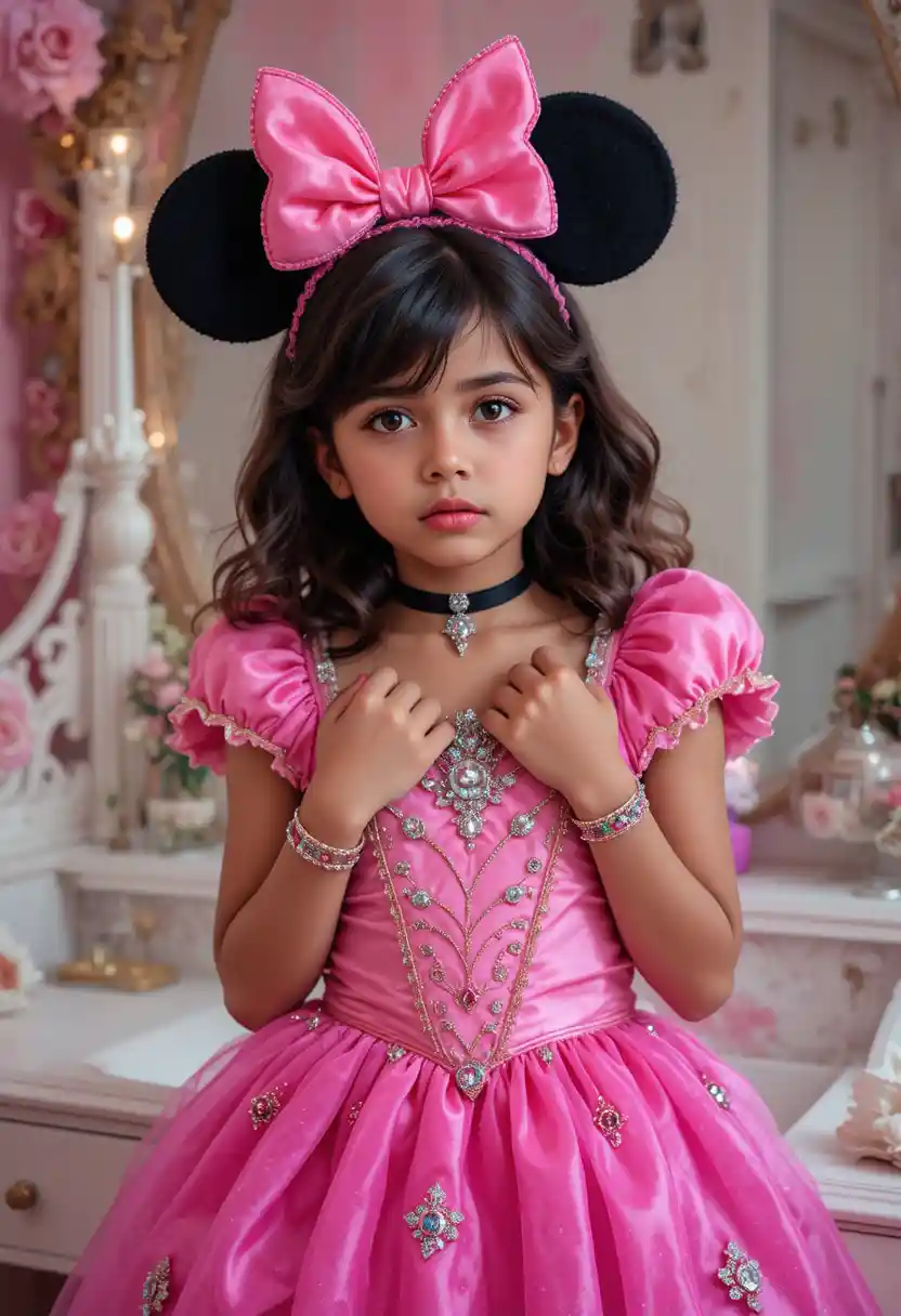 Ragazzino in costume da principessa di fronte al vanity in camera da letto