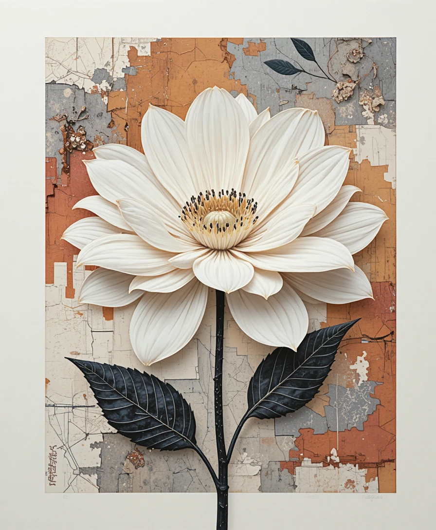 Colagem de flores brancas em estêncil sobre fundo off-white