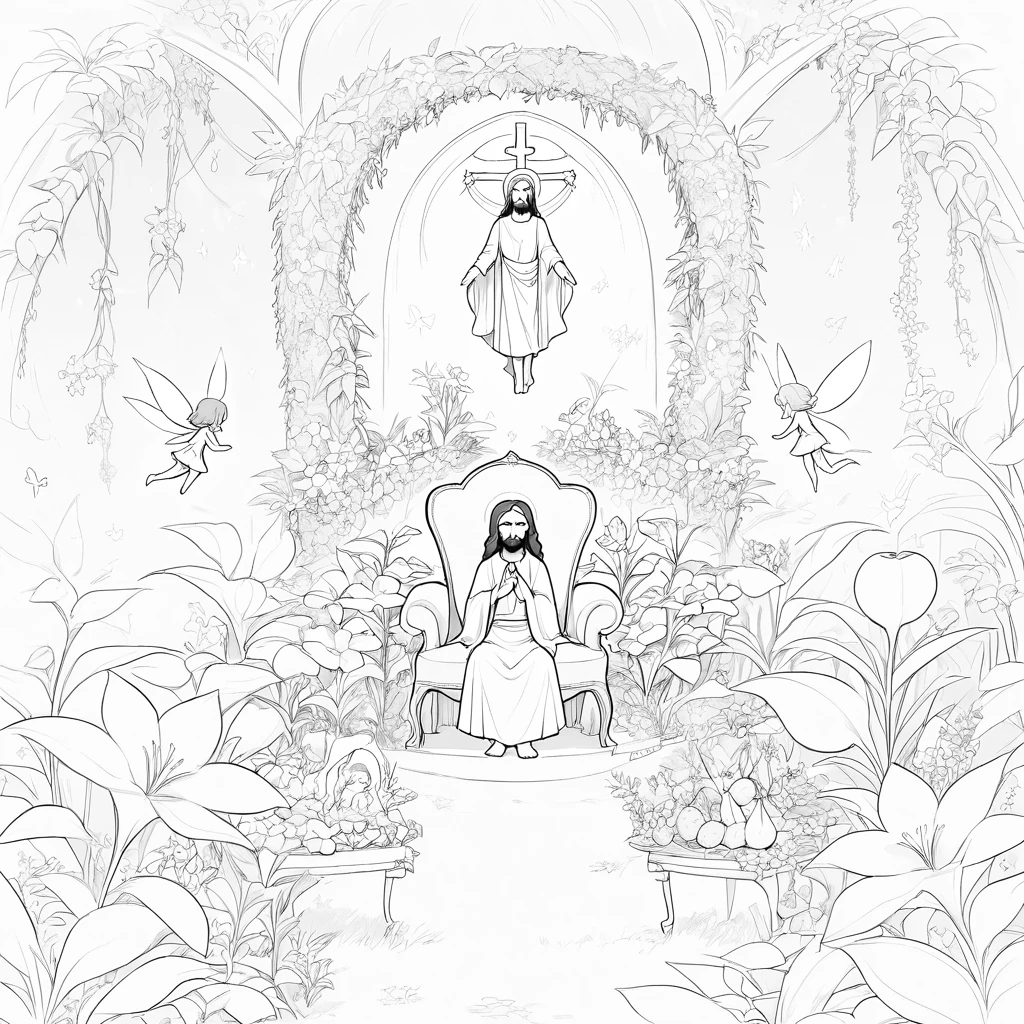 Jesus with little fairies in a bright flower garden
