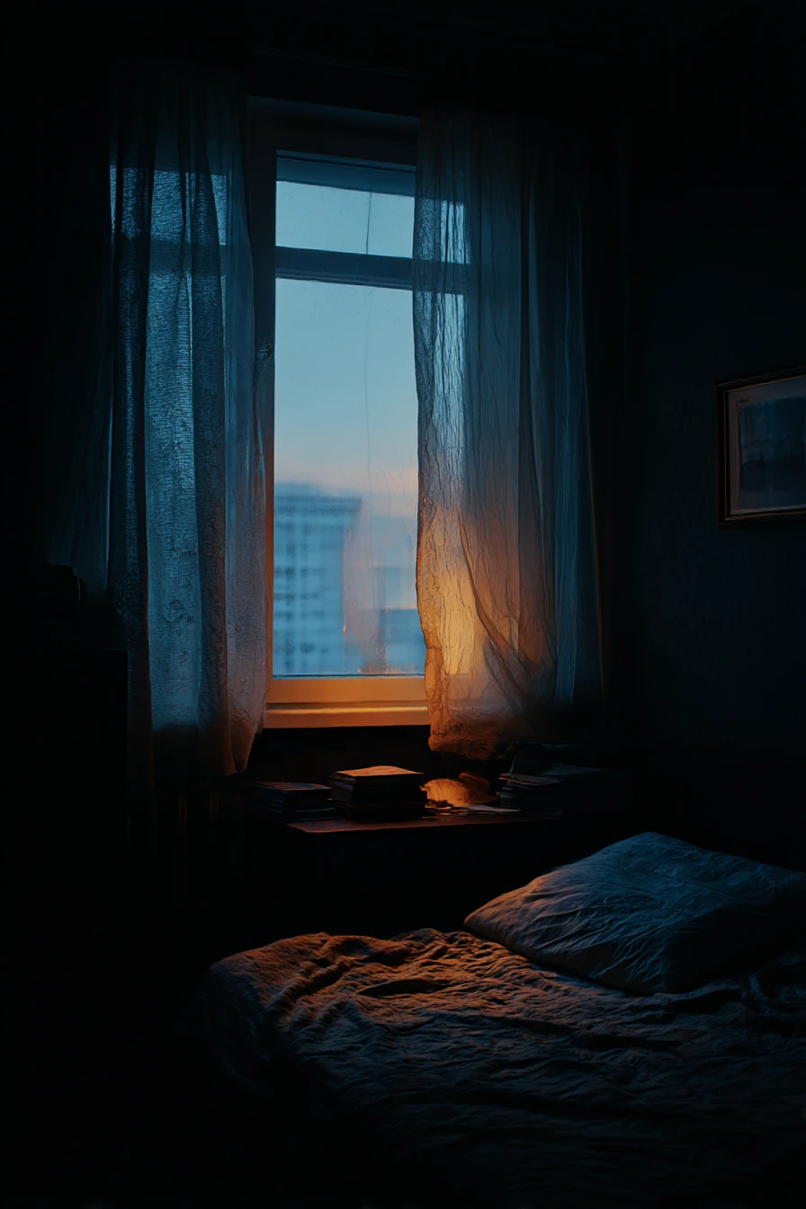 Dim bedroom scene in the quiet of a late night
