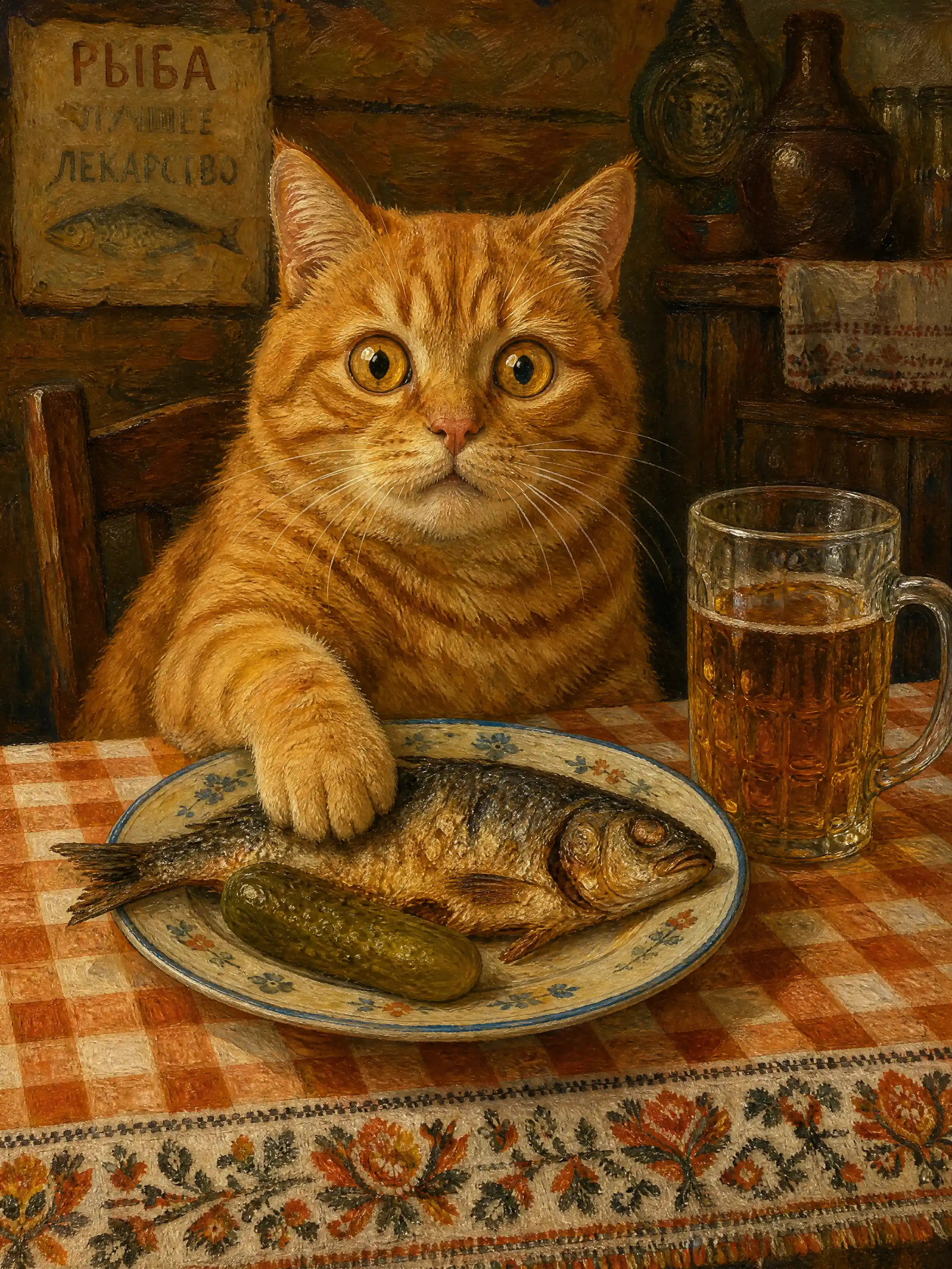 Chat tigré orange à table avec poisson et boisson