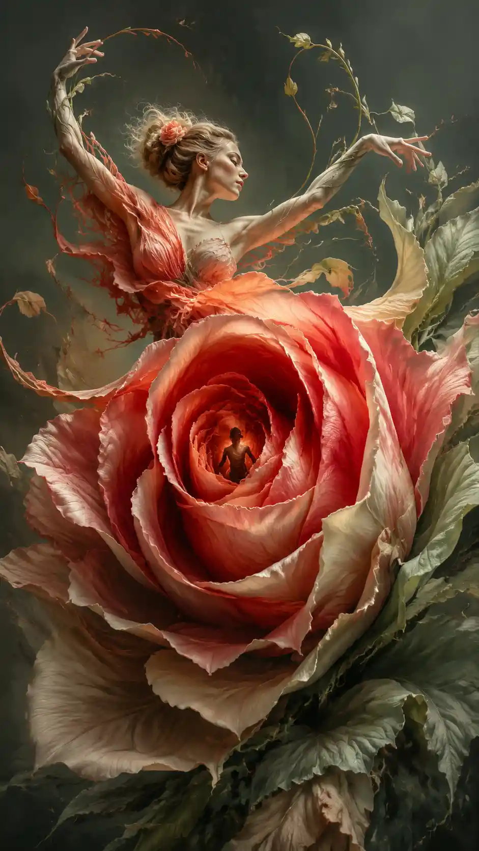 Bailarina surreal fundindo-se com uma vasta rosa em plena floração