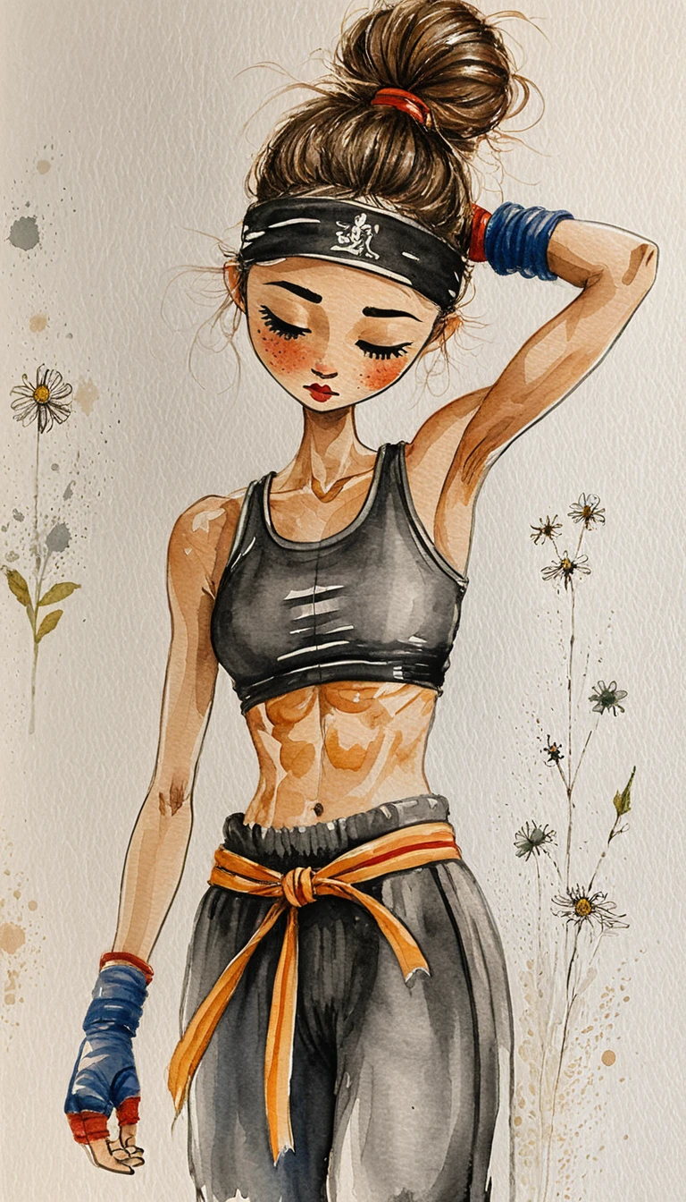 Mujer atlética con vendas de boxeo en ilustración a tinta y acuarela