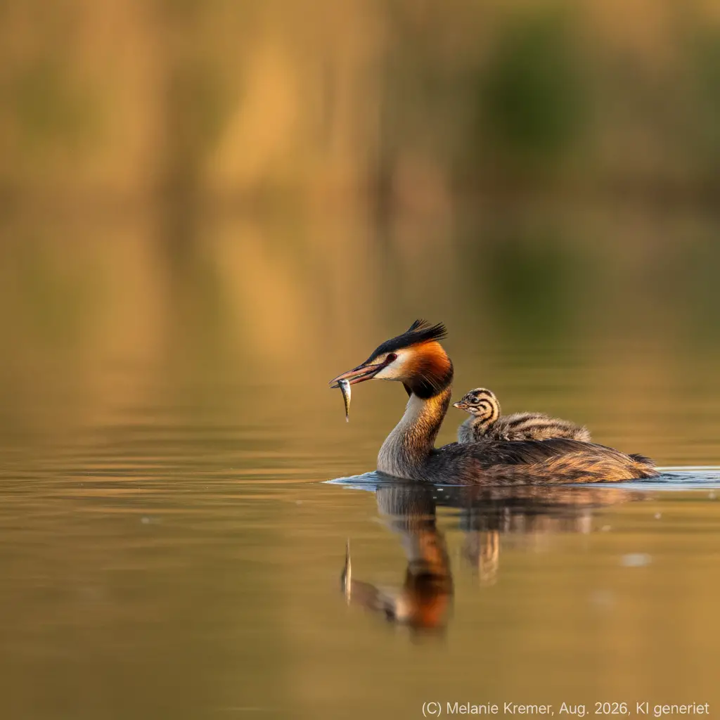 Mãe mergulhão-de-crista alimentando filhote em lago calmo