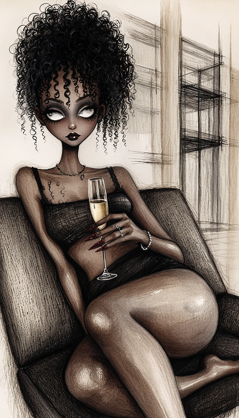 Mulher negra relaxada em sofá escuro – ilustração em tinta