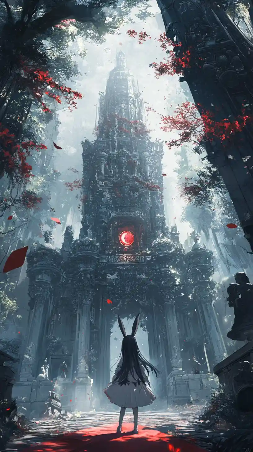 Ancient crystal forest temple with stained glass window