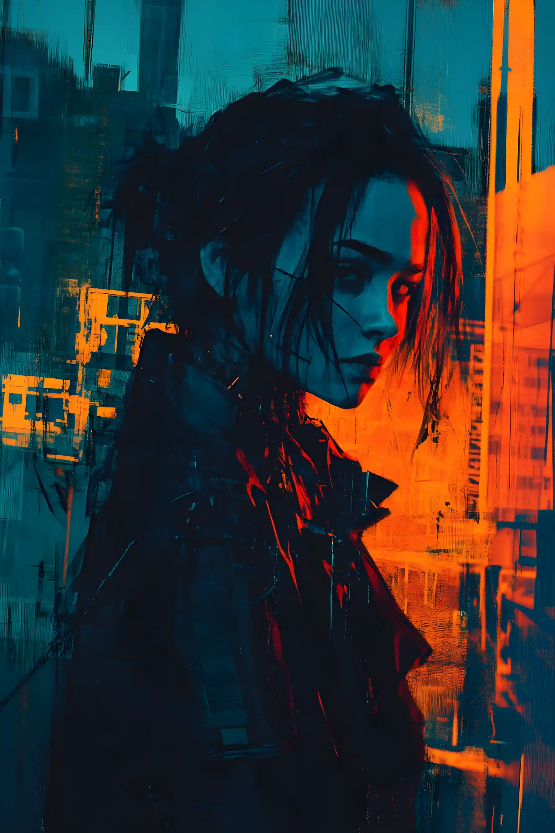 Retrato cinematográfico cyber noir de uma mulher na noite urbana