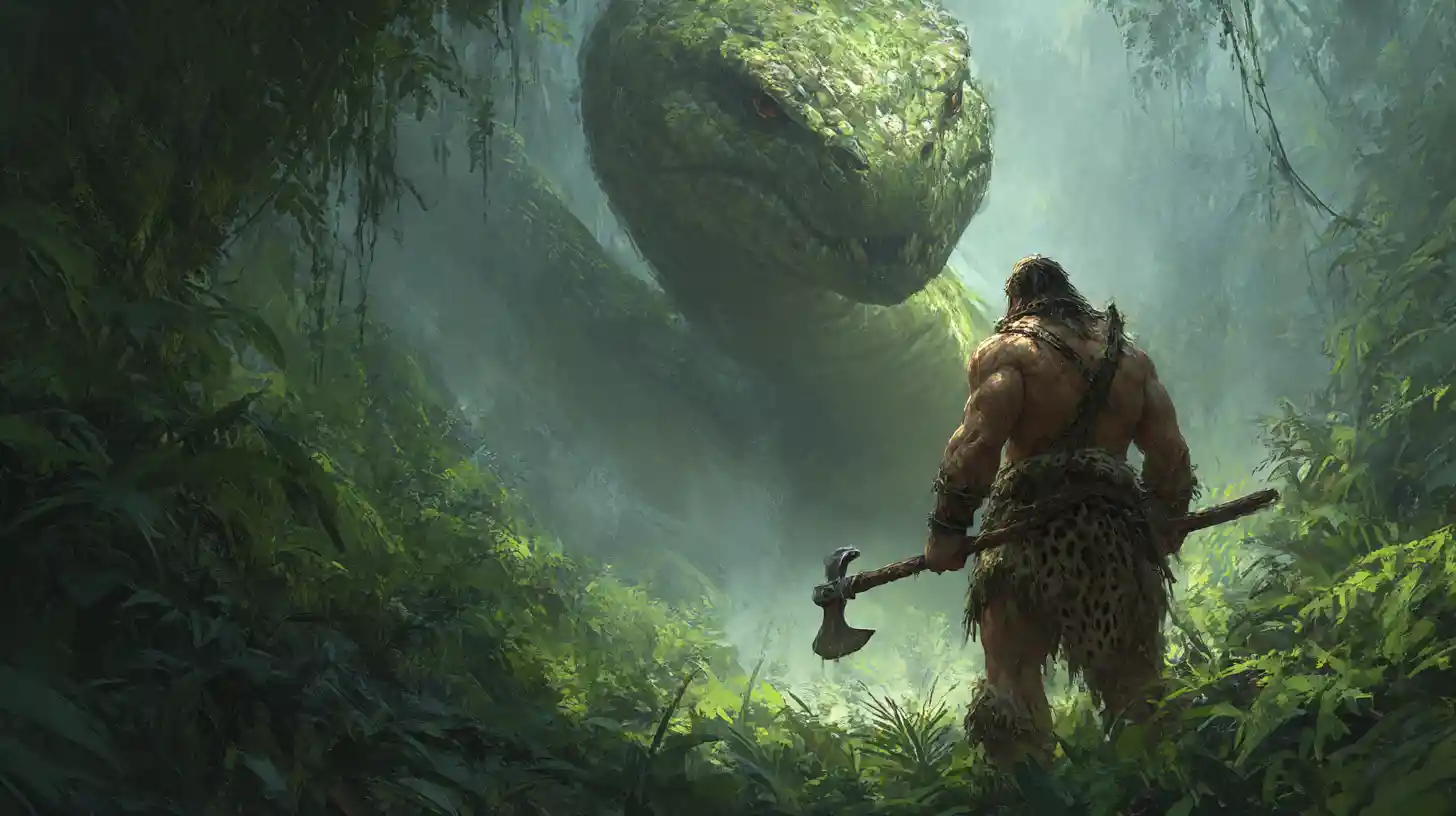 Barbarian Confronts Giant Serpent In Steamy Fantasy Jungle