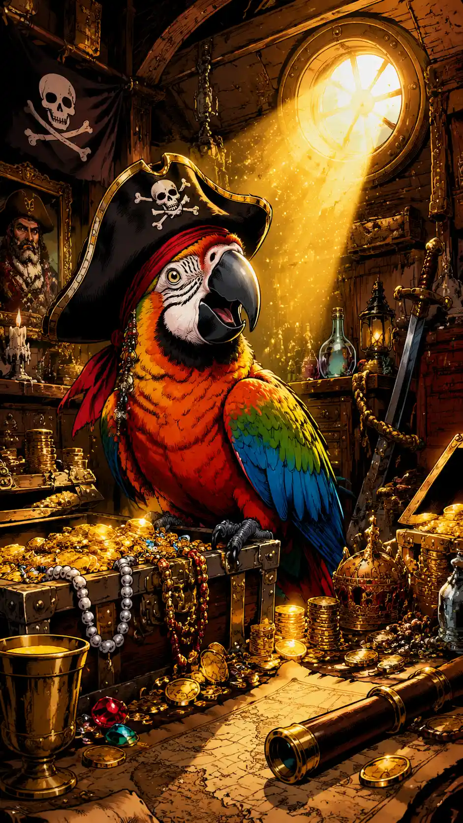 Playful parrot pirate guarding treasure in a cabin