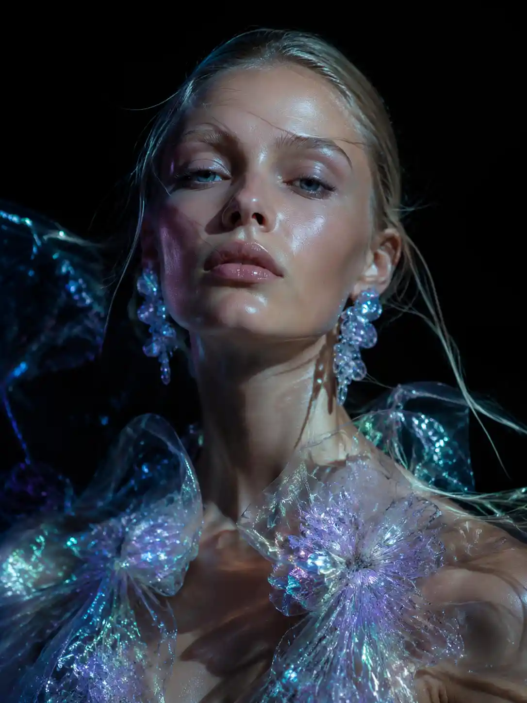 Blonde fashion model in dramatic chiaroscuro studio portrait