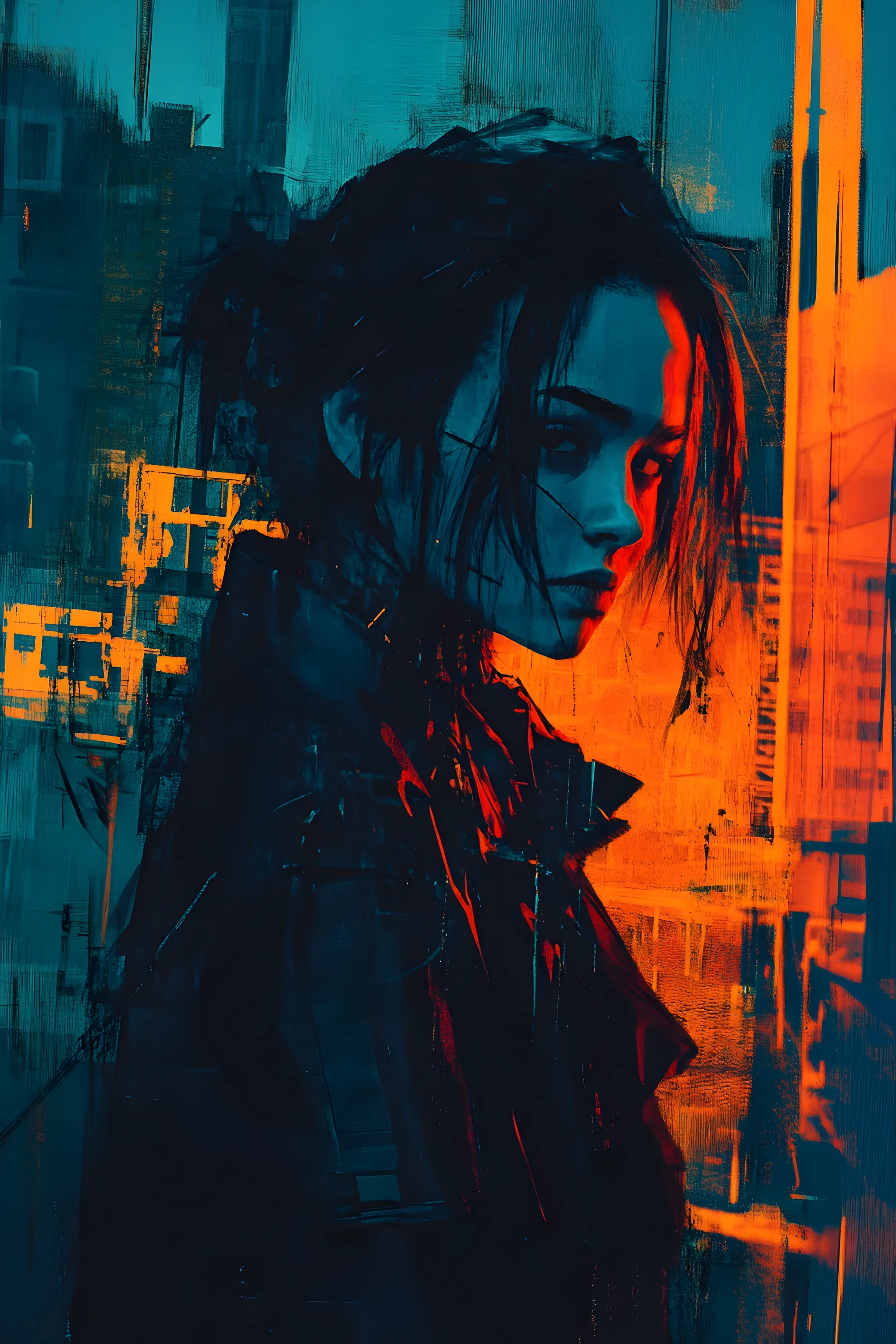 Retrato cinematográfico cyber noir de uma mulher na noite urbana