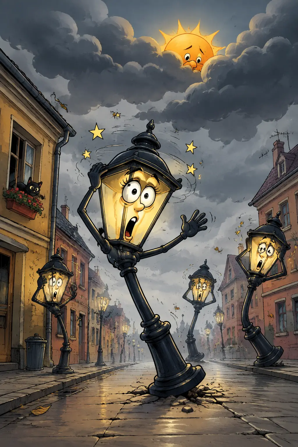 Cena de rua divertida em estilo quadrinhos com poste de luz brilhante e exagerado