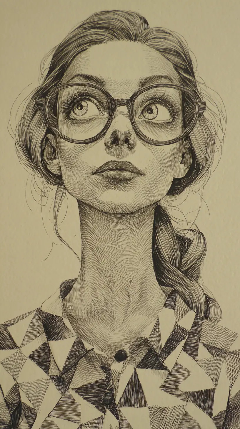 Retrato estilizado em grafite de uma jovem com óculos grandes