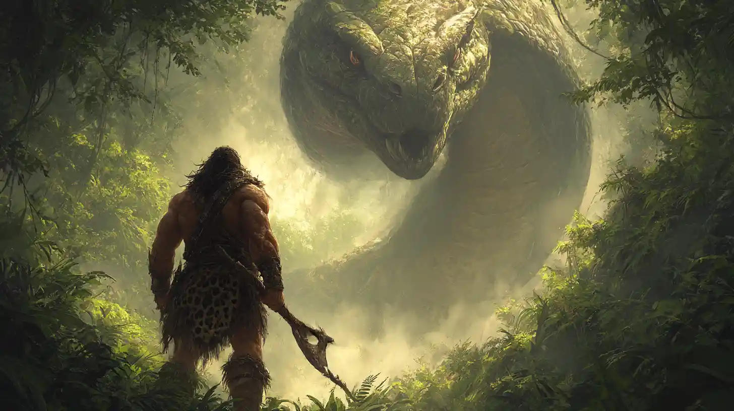 Barbarian Warrior Facing Giant Serpent In Steamy Jungle