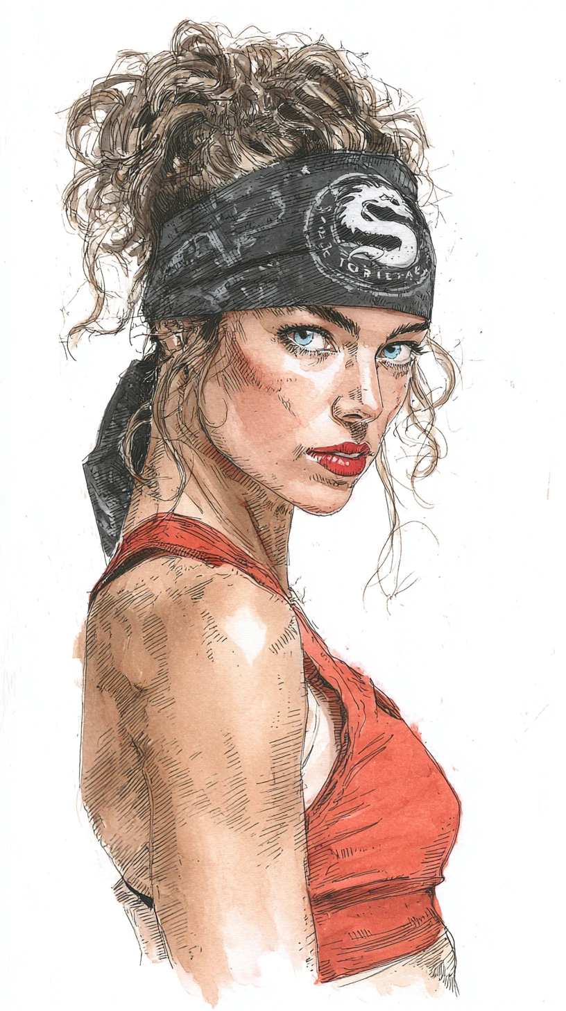 Retrato intenso de atleta feminina com detalhes de esboço técnico