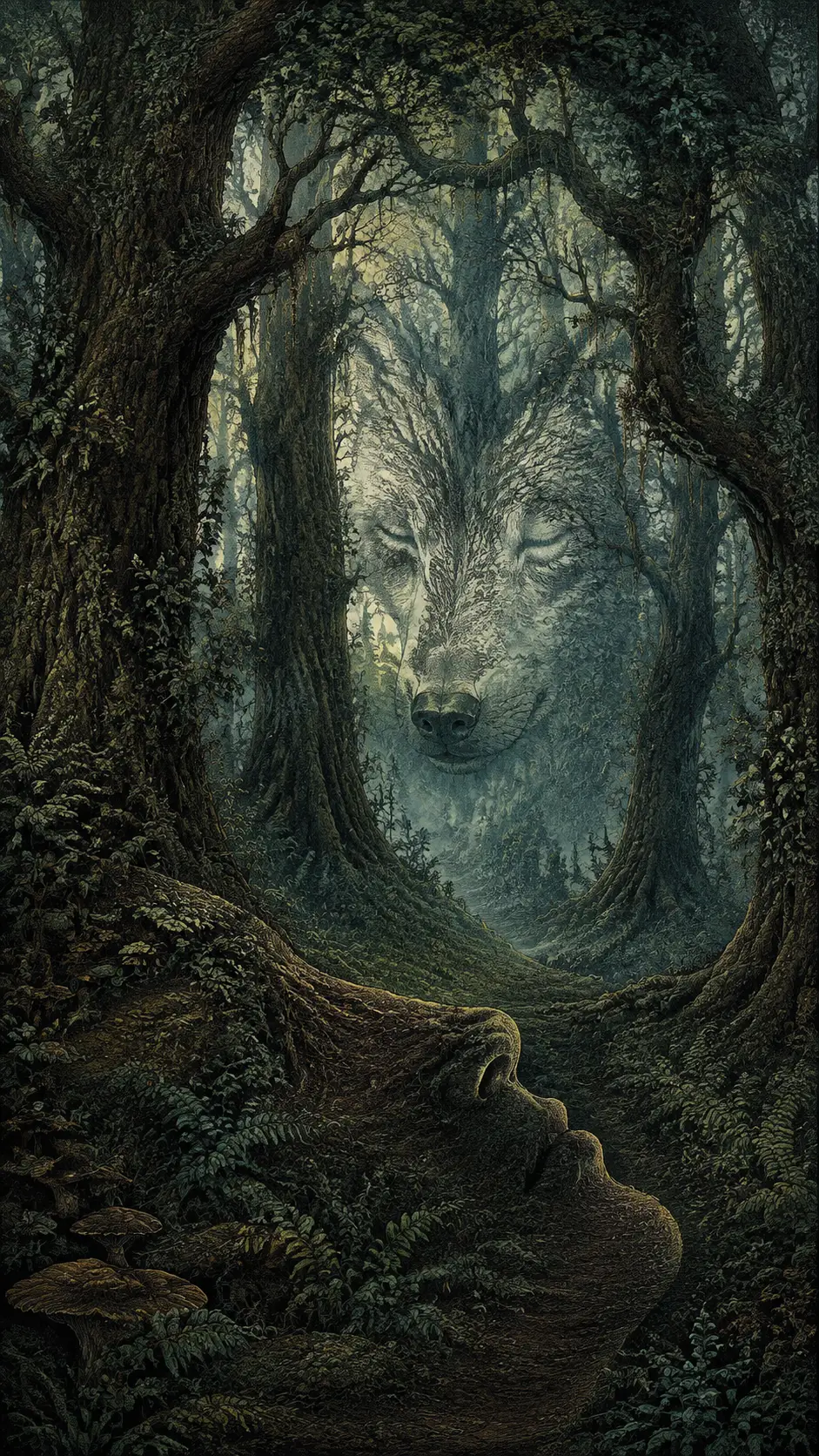 Floresta antiga formando o rosto ilusório de um lobo adormecido