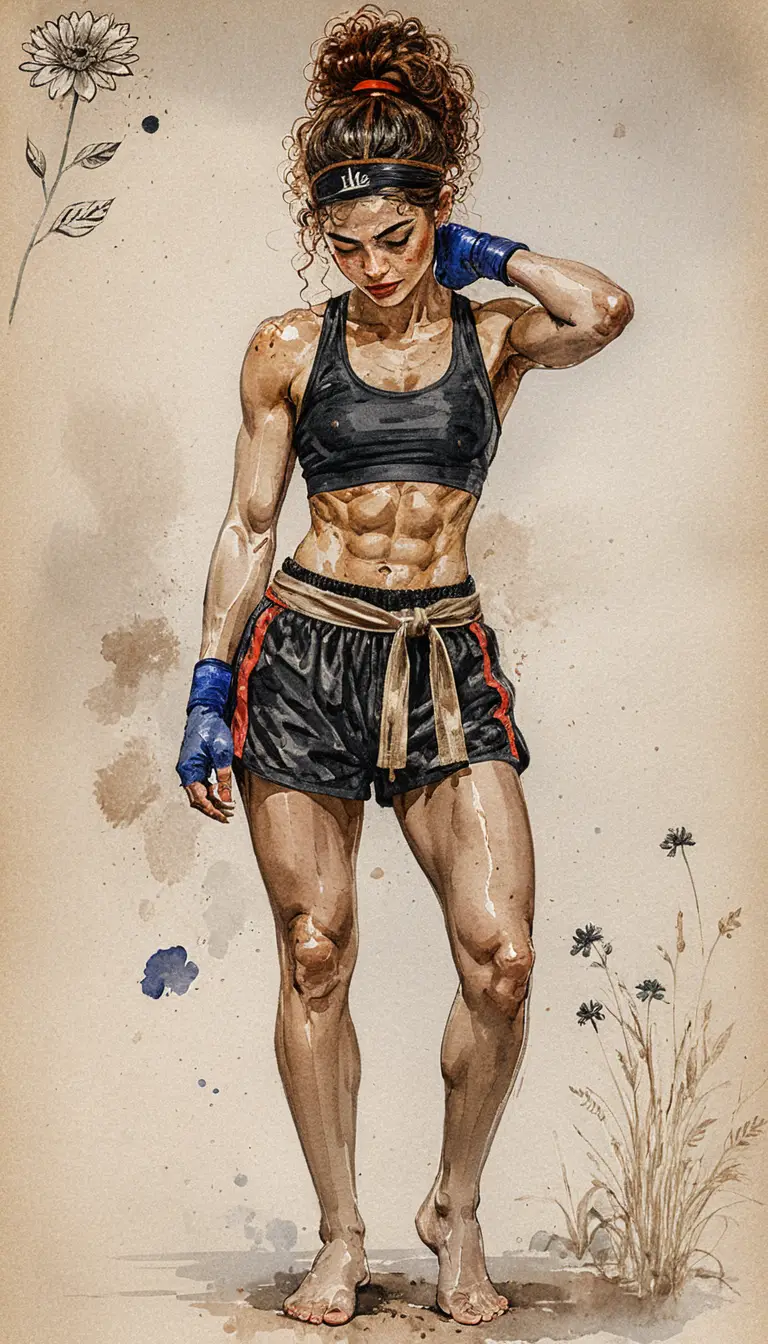 Sportliche Frau mit Boxbandagen in Tinte-und-Aquarell-Illustration