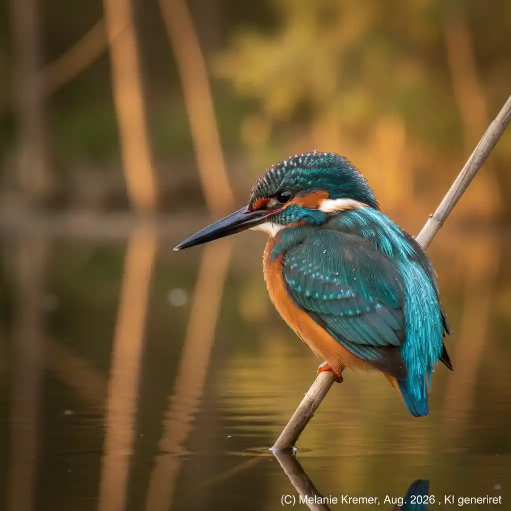Martim-pescador em junco em lago da floresta na luz da hora dourada