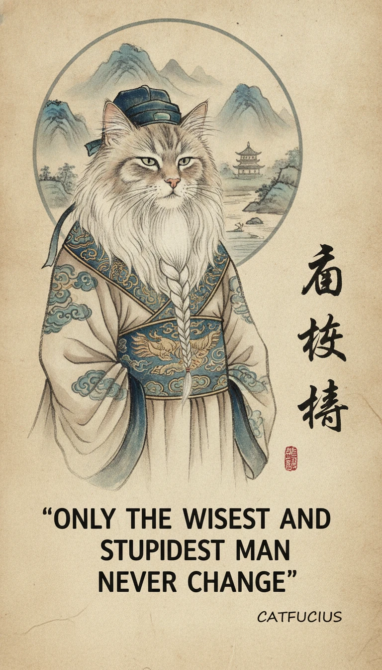 Gatto meme saggio vestito da antico filosofo cinese