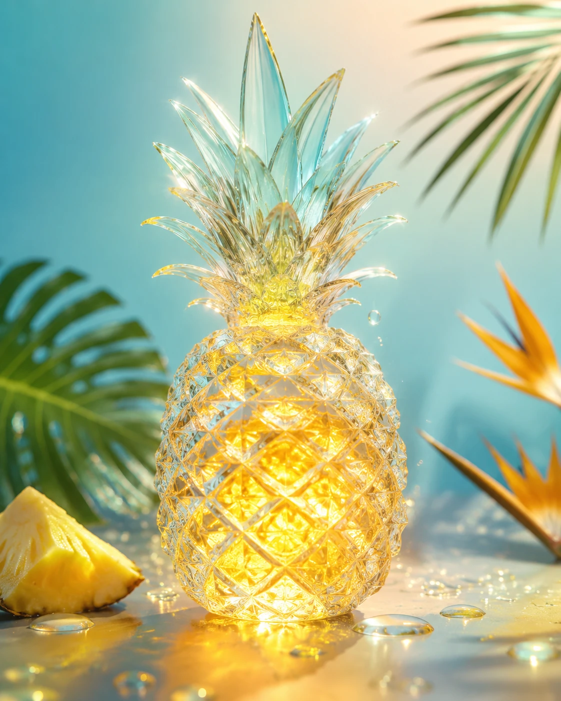 Escultura de abacaxi de vidro com núcleo de fruta dourado e luminoso