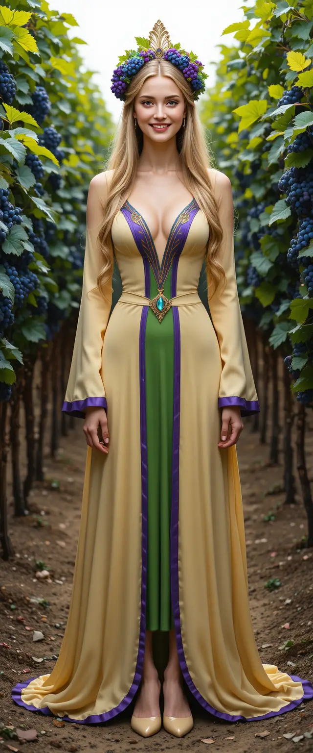 Déesse joyeuse de la vigne en longue robe fluide verte et violette