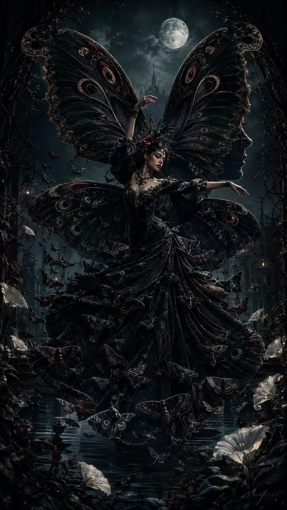 Danseuse aux Ailes de Phalène dans un Jardin Gothique au Clair de Lune