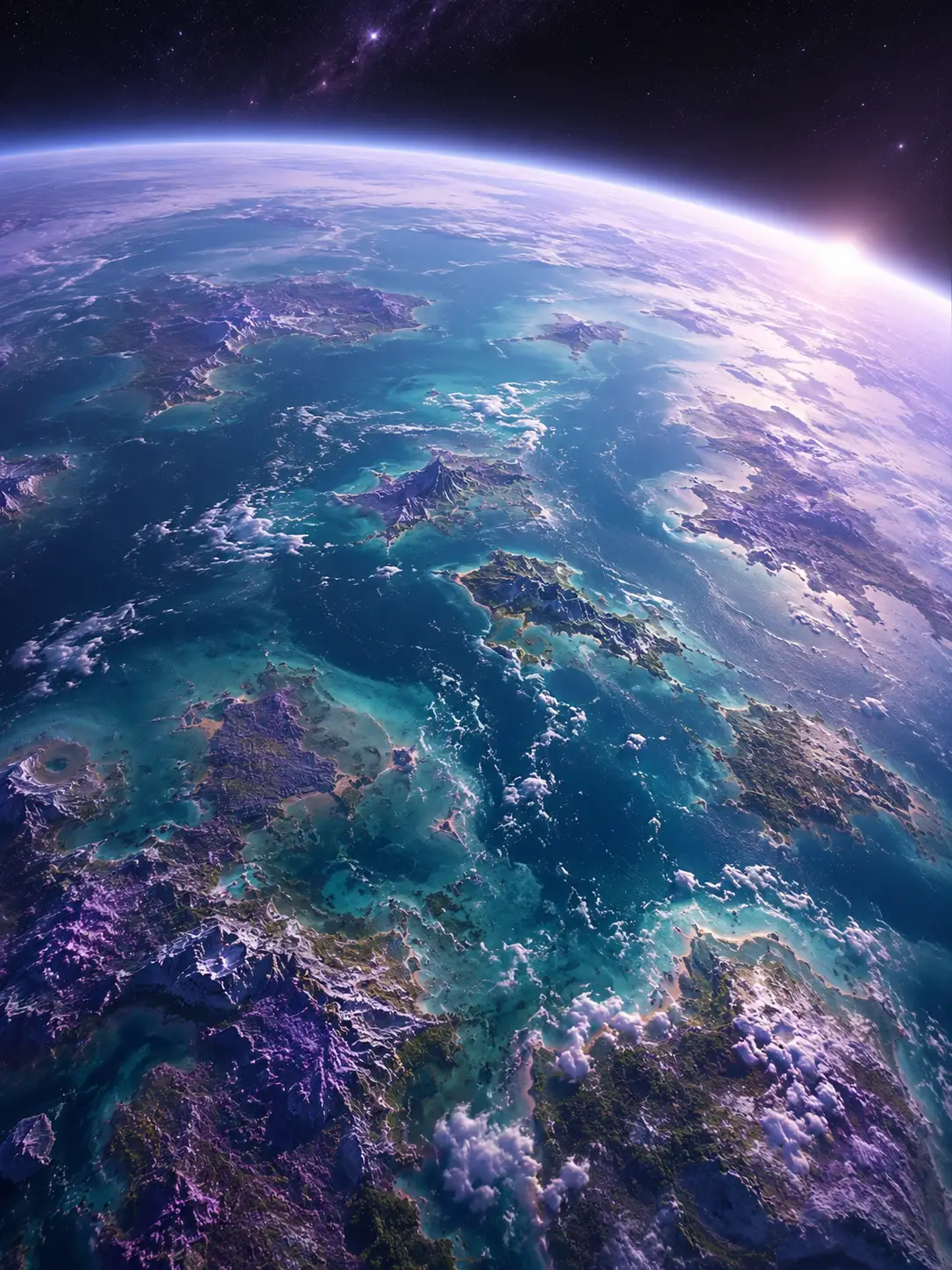 Vista distante de um planeta oceânico alienígena habitável no espaço