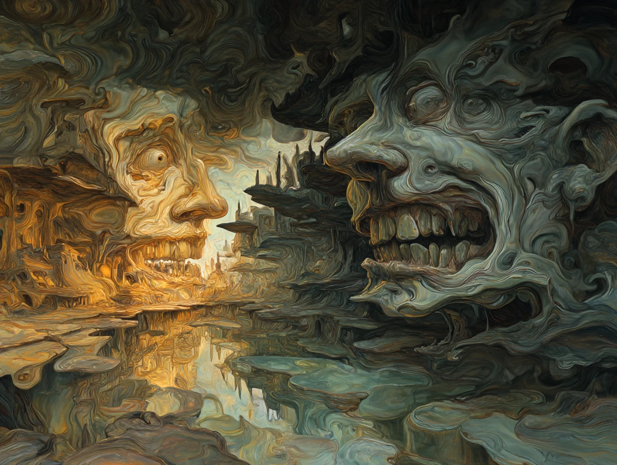 Labirinto surreal de formas humanoides distorcidas em um sonho