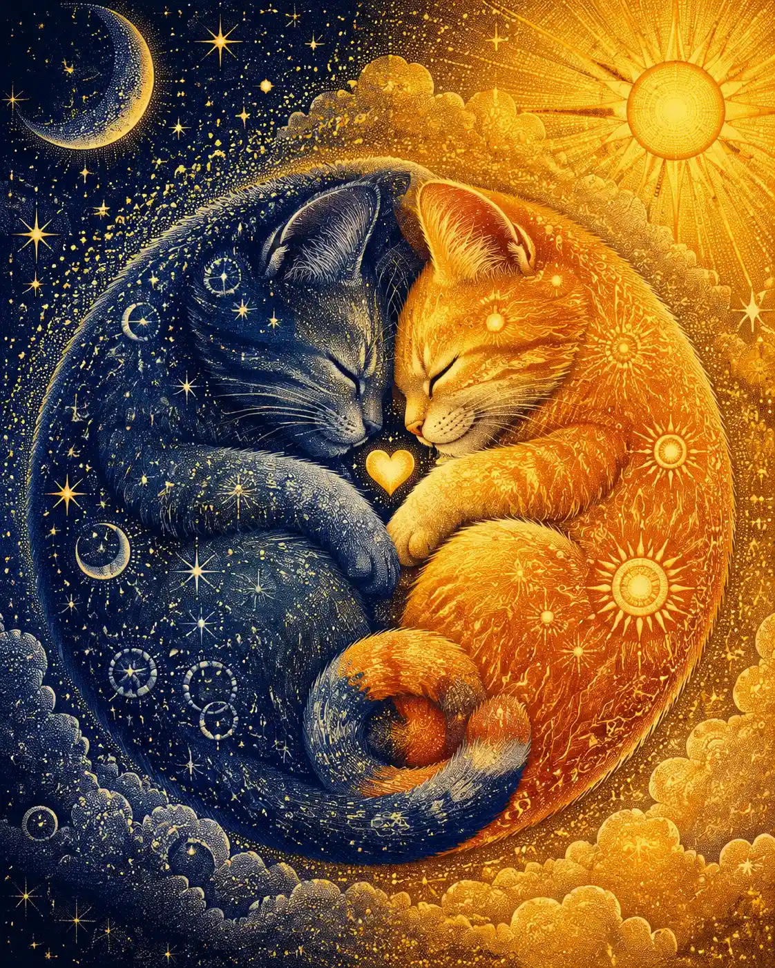 Gatinhos celestiais de lua e sol enroscados em um círculo luminoso