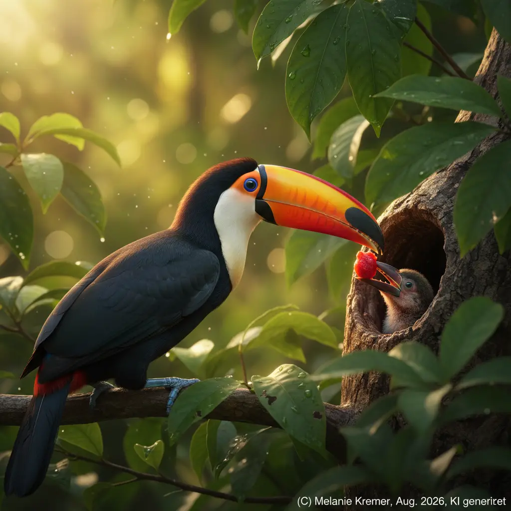 Mãe de tucano alimentando filhote no dossel exuberante da floresta tropical