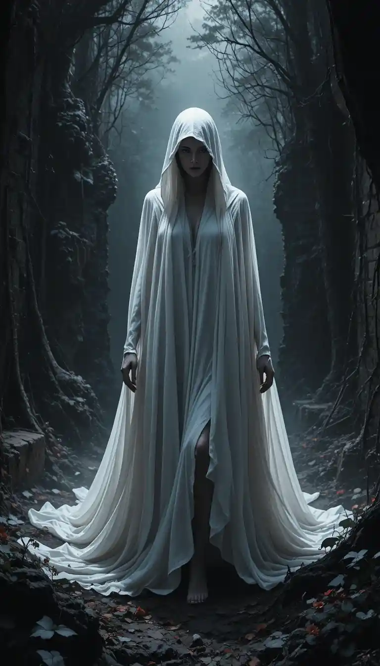 Mysterious woman cloaked in shadows in a dark forest