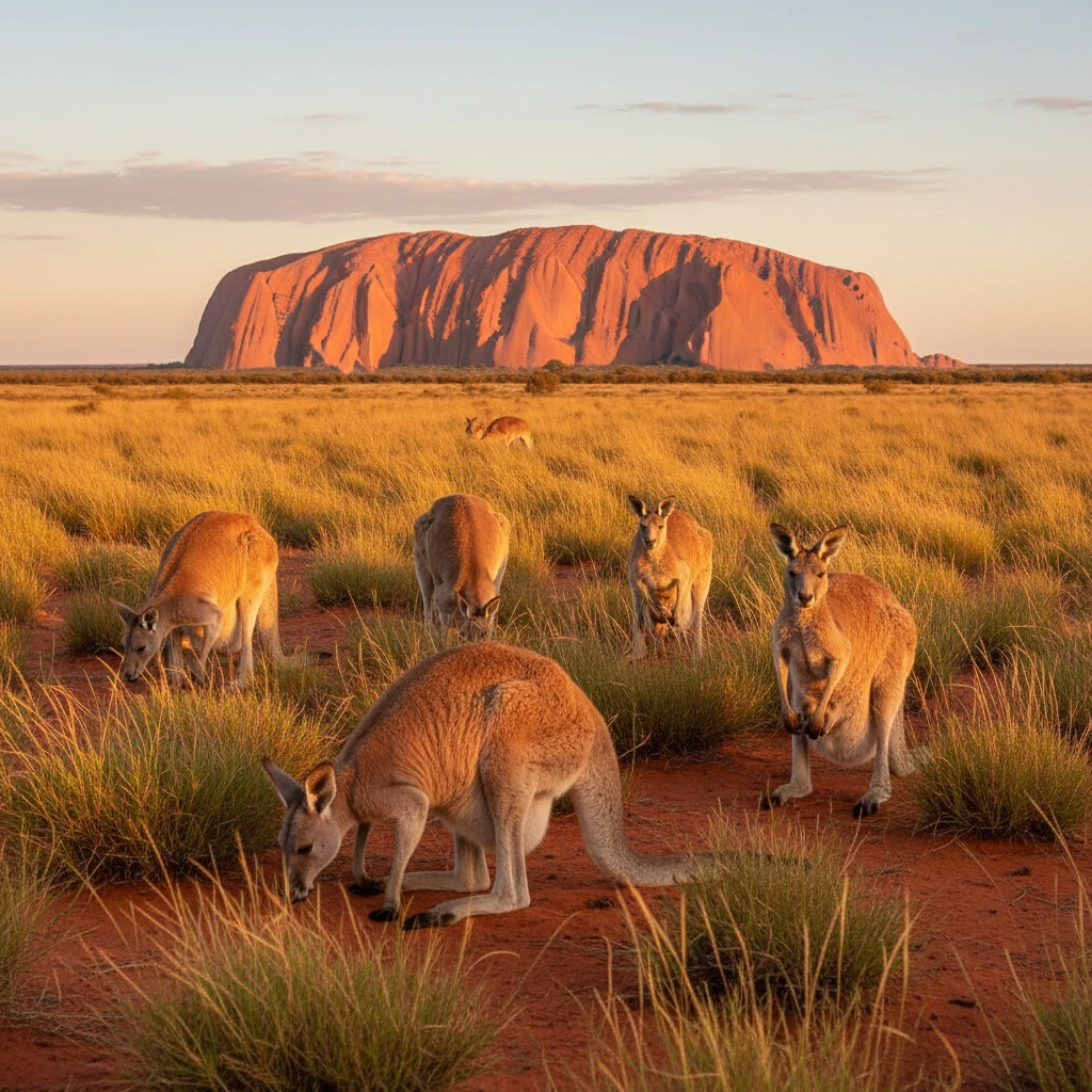 Kangaroos Grazing In Sunlit Australian Desert Landscape