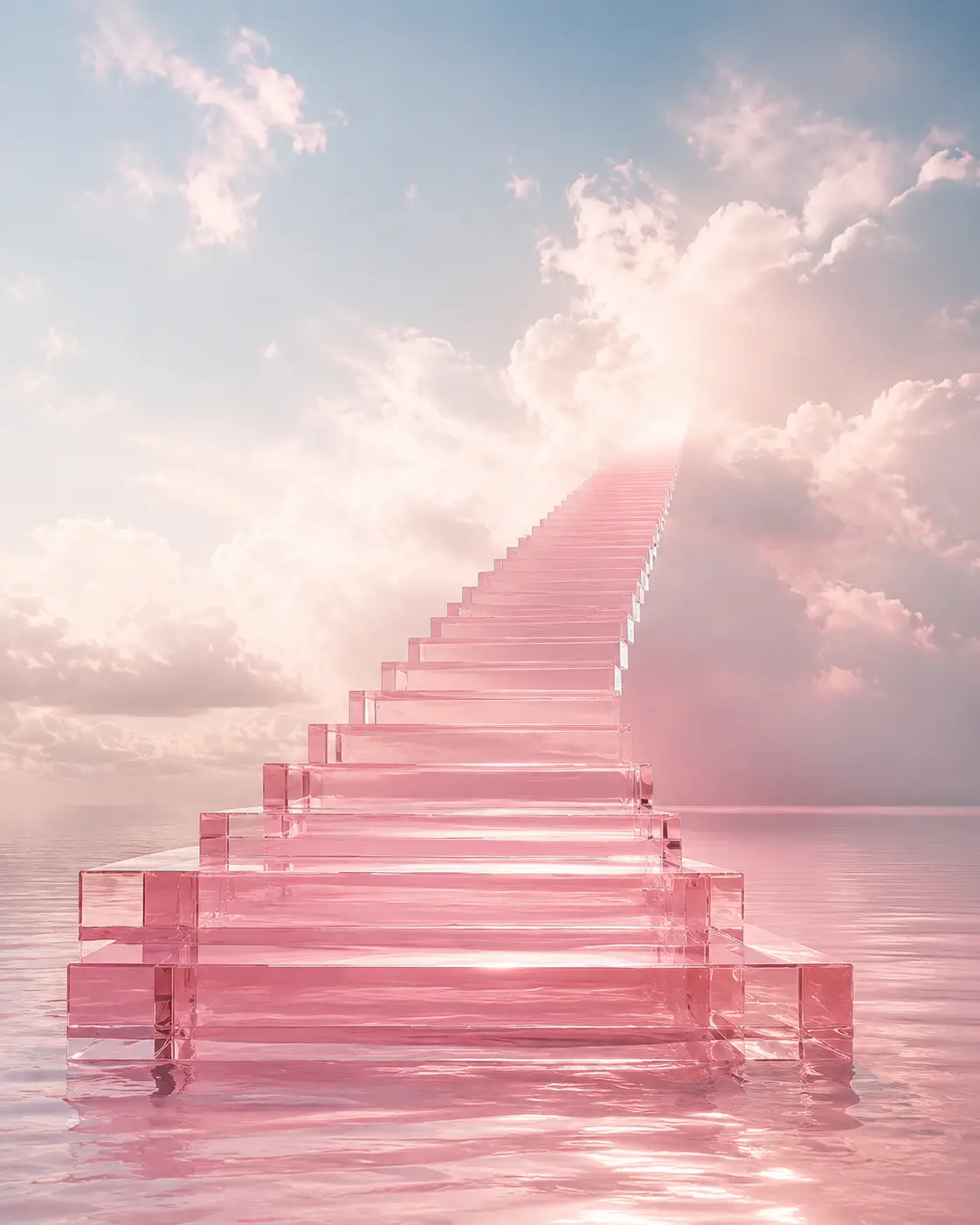 Escalier Surréaliste en Cristal Rose au-dessus d’un Lac Miroir